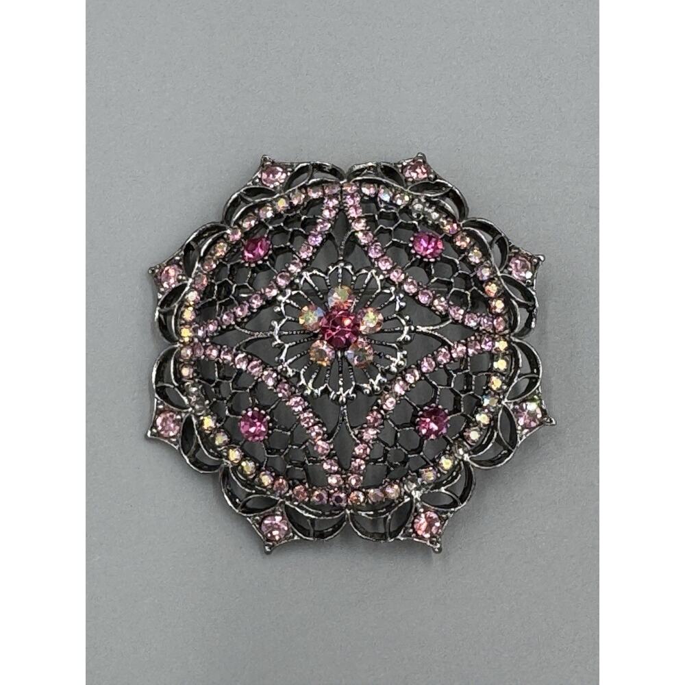 Vintage Pink Black Rhinestone Filigree‎ Brooch Silver Tone Gothic Mandala READ
